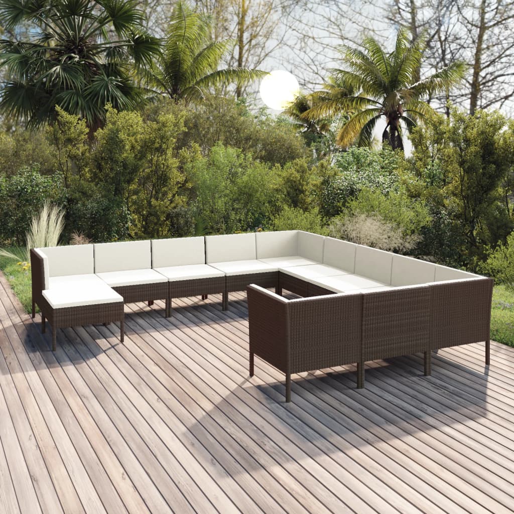 12-tlg. Garten-Lounge-Set mit Auflagen Poly Rattan Braun