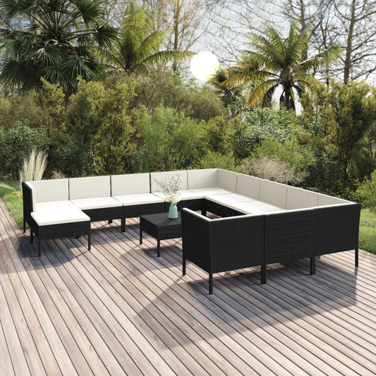 13-tlg. Garten-Lounge-Set mit Auflagen Poly Rattan Schwarz