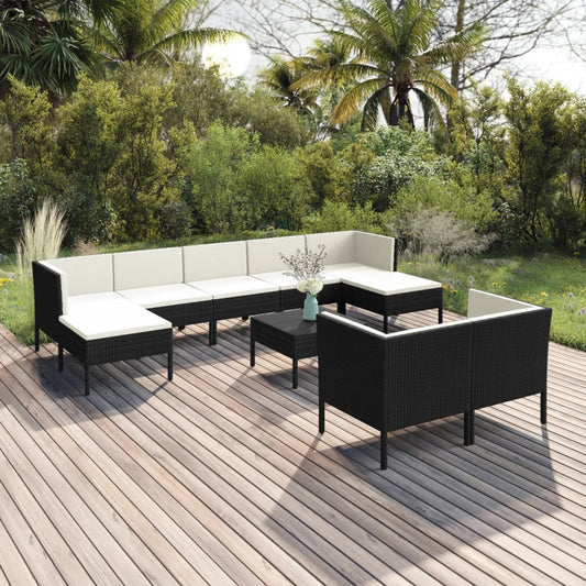 10-tlg. Garten-Lounge-Set mit Auflagen Poly Rattan Schwarz