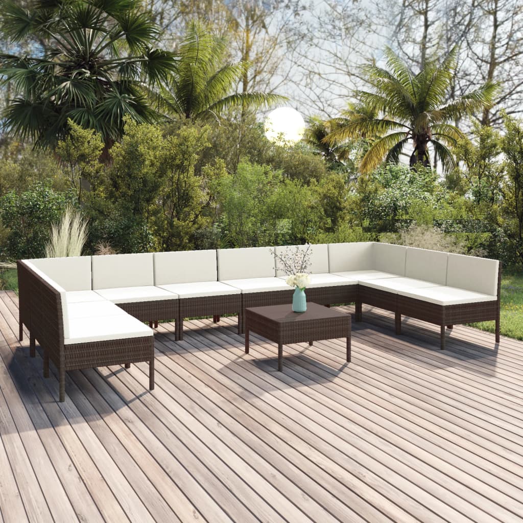 11-tlg. Garten-Lounge-Set mit Auflagen Poly Rattan Braun