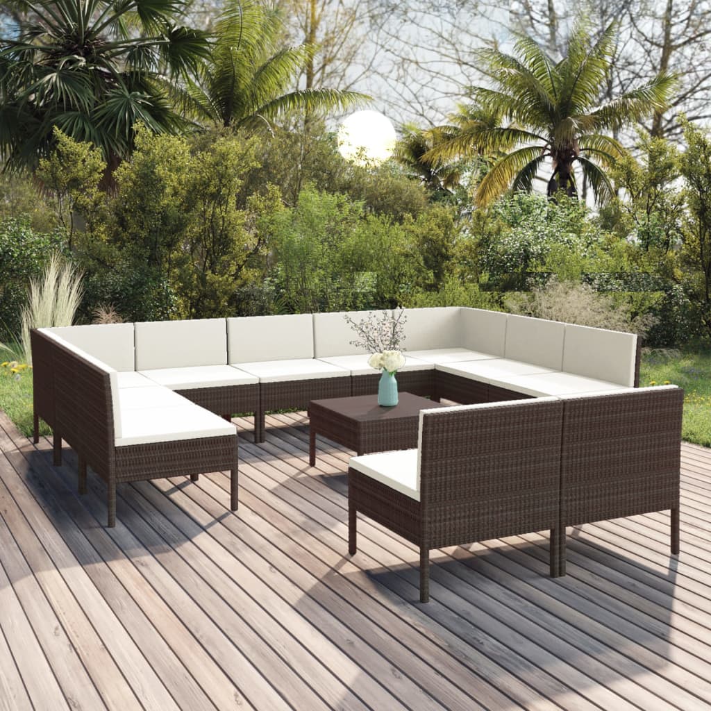 12-tlg. Garten-Lounge-Set mit Auflagen Poly Rattan Braun