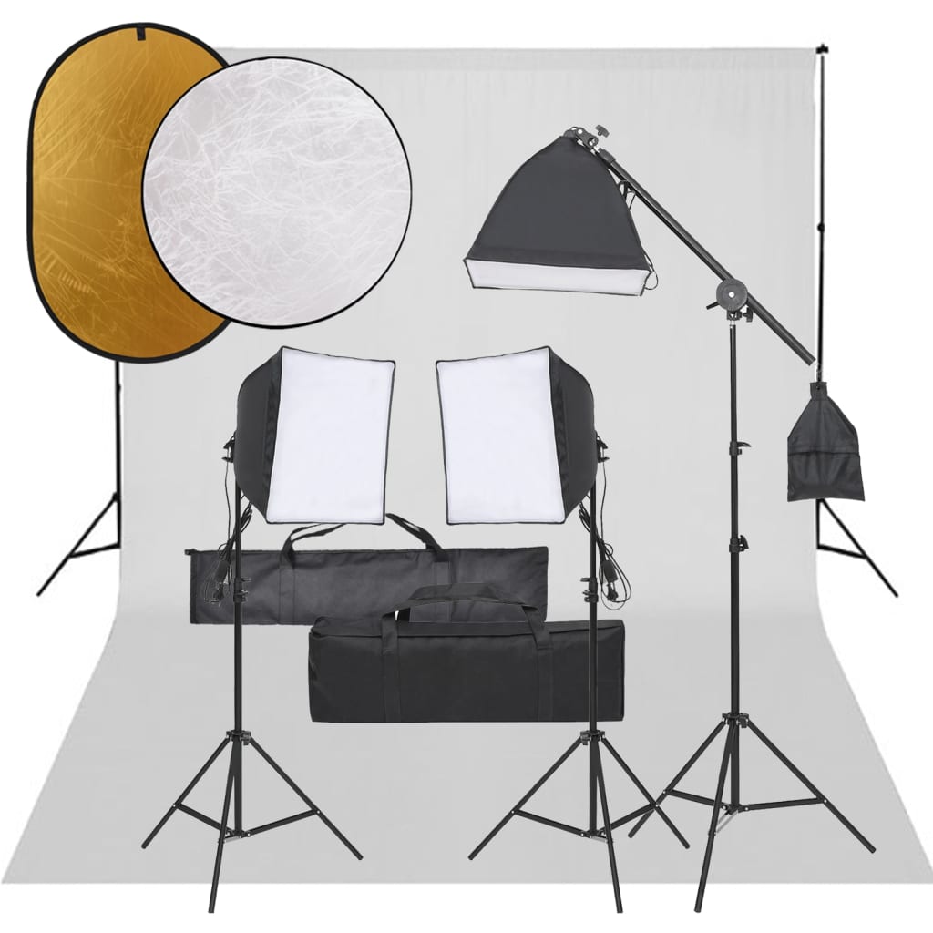 Fotostudio-Set mit Beleuchtung, Hintergrund und Reflektor