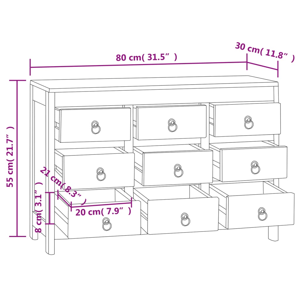 Kommode 80x30x55 cm Massivholz Teak