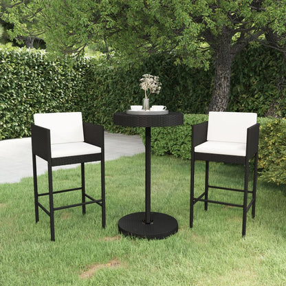 3-tlg. Gartenbar-Set mit Kissen Poly Rattan Schwarz