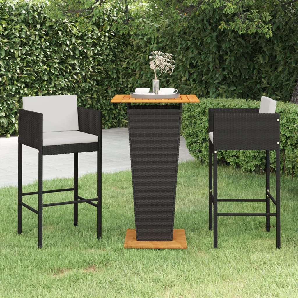 3-tlg. Gartenbar-Set mit Kissen Poly Rattan Schwarz