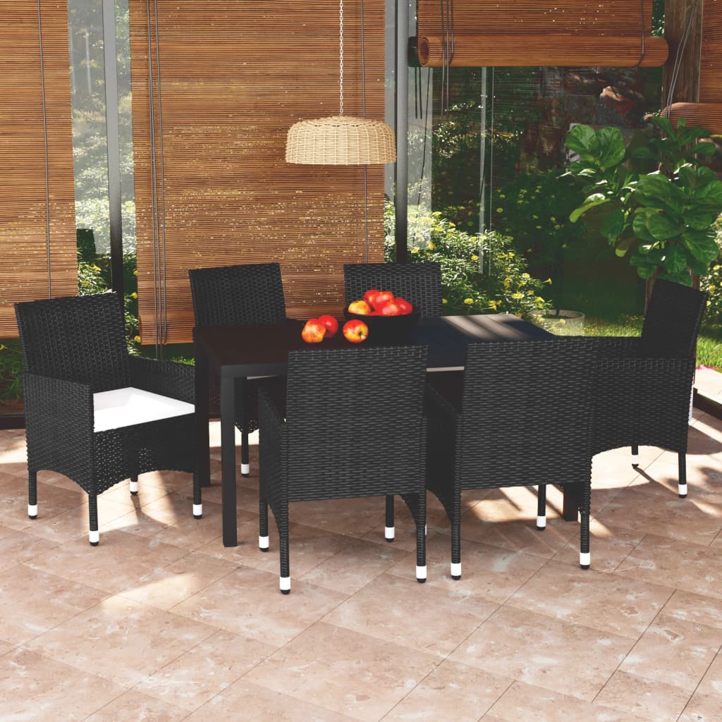 7-tlg. Garten-Essgruppe mit Kissen Poly Rattan Schwarz