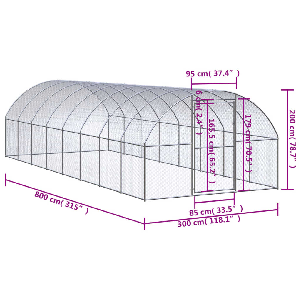 Outdoor-Hühnerstall 3x8x2 m Verzinkter Stahl