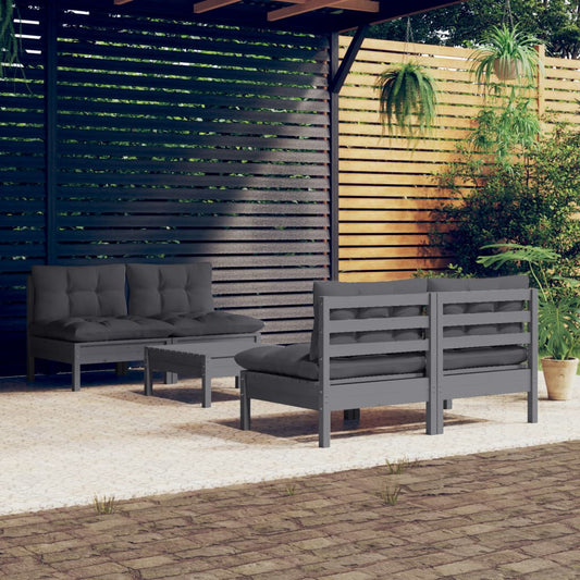 5-tlg. Garten-Lounge-Set mit Anthrazit Kissen Kiefernholz