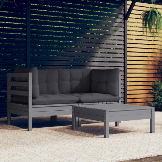 3-tlg. Garten-Lounge-Set mit Anthrazit Kissen Kiefernholz