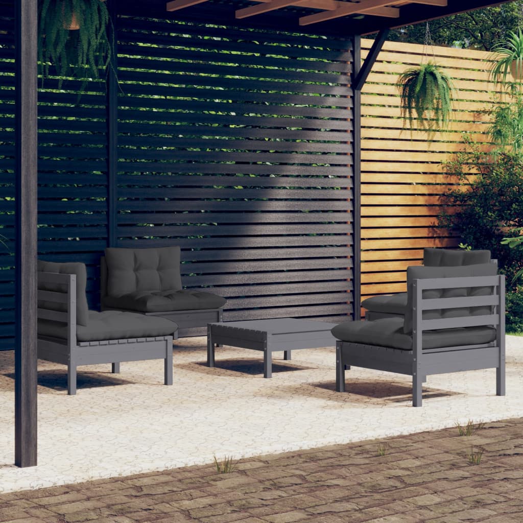 5-tlg. Garten-Lounge-Set mit Anthrazit Kissen Kiefernholz