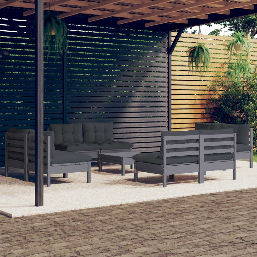 9-tlg. Garten-Lounge-Set mit Anthrazit Kissen Kiefernholz