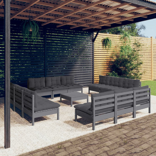 13-tlg. Garten-Lounge-Set mit Anthrazit Kissen Kiefernholz