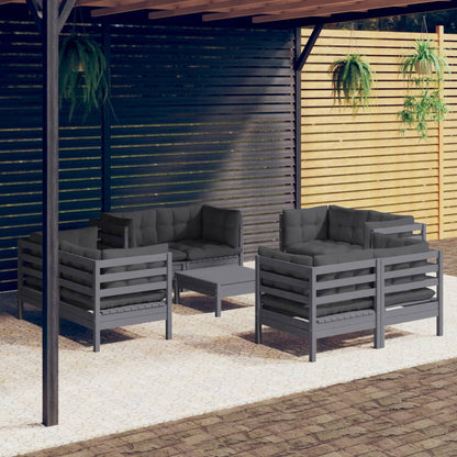 9-tlg. Garten-Lounge-Set mit Anthrazit Kissen Kiefernholz