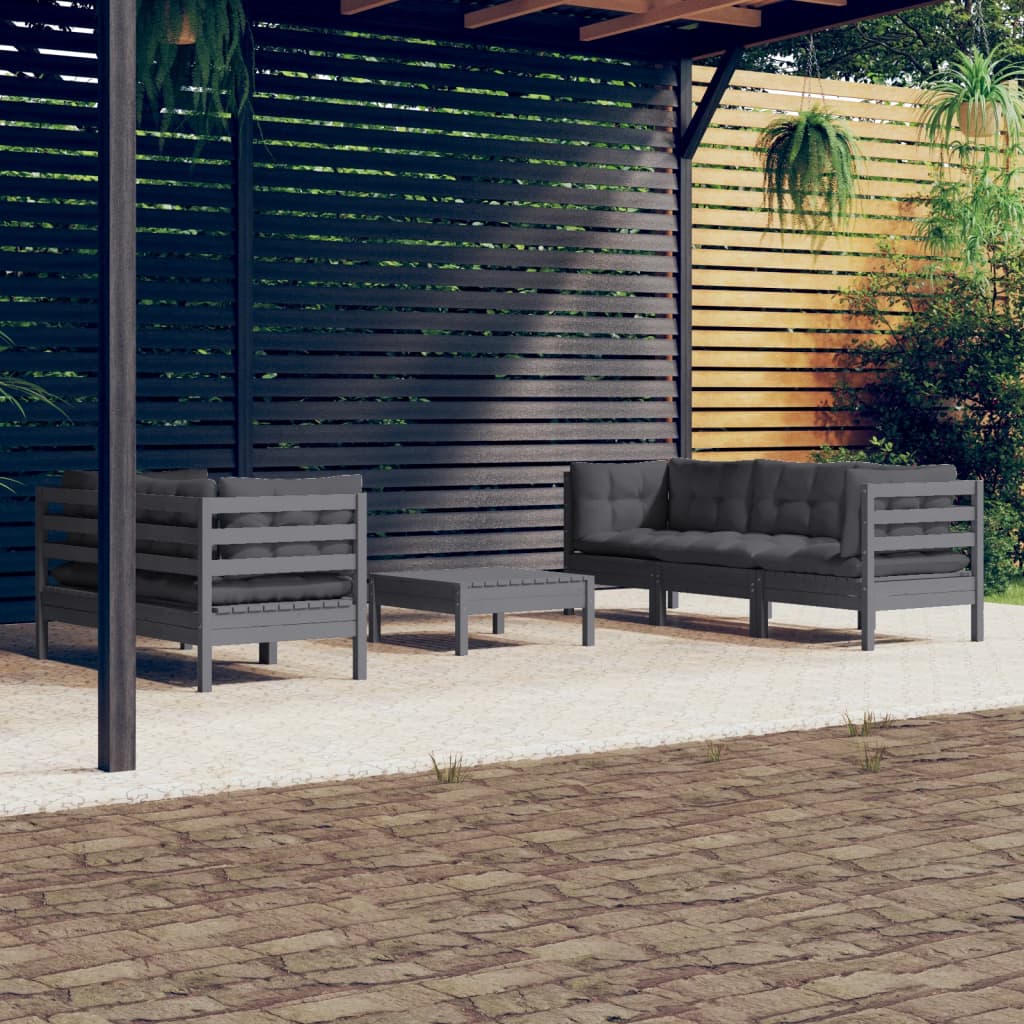 6-tlg. Garten-Lounge-Set mit Anthrazit Kissen Kiefernholz