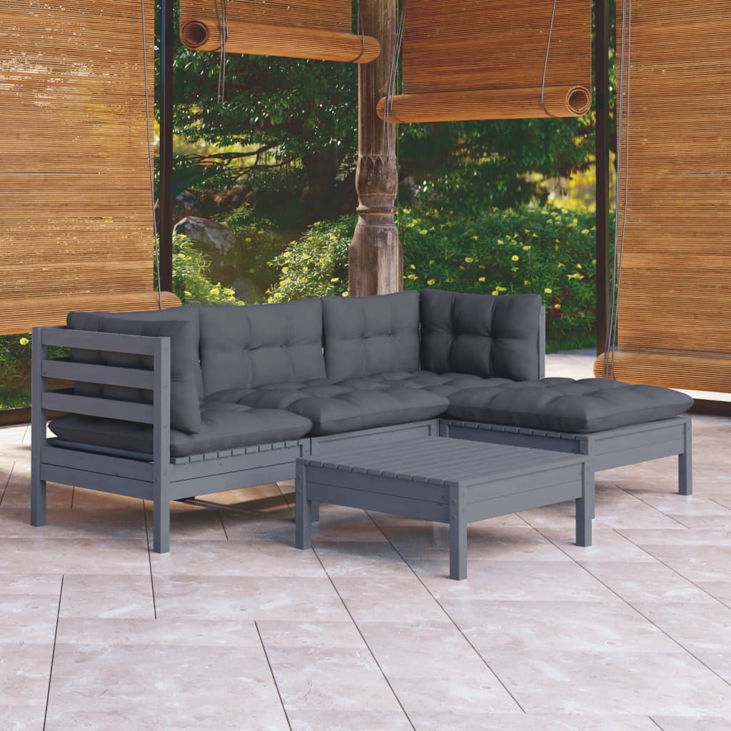 5-tlg. Garten-Lounge-Set mit Kissen Grau Kiefernholz