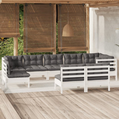 9-tlg. Garten-Lounge-Set mit Kissen Weiß Kiefer Massivholz