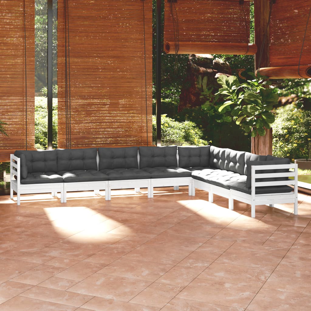 8-tlg. Garten-Lounge-Set mit Kissen Weiß Kiefer Massivholz