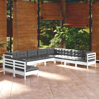 10-tlg. Garten-Lounge-Set mit Kissen Weiß Massivholz Kiefer