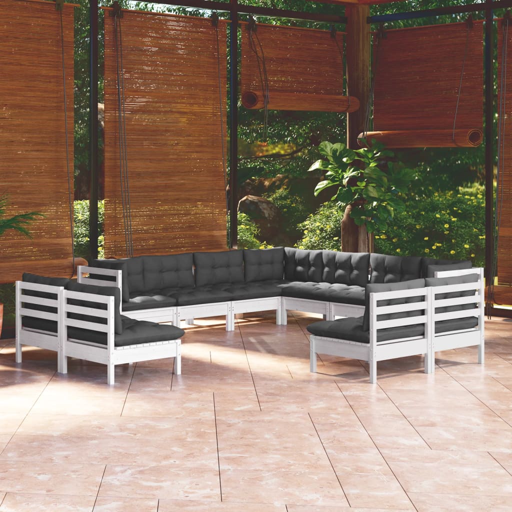 11-tlg. Garten-Lounge-Set mit Kissen Weiß Massivholz Kiefer