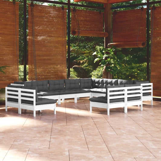 12-tlg. Garten-Lounge-Set mit Kissen Weiß Massivholz Kiefer