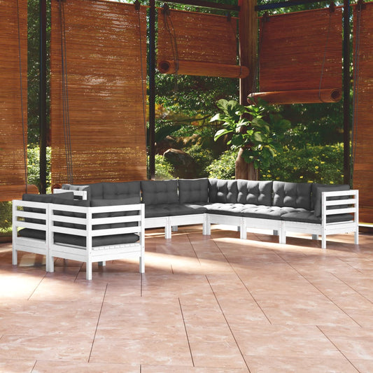 9-tlg. Garten-Lounge-Set mit Kissen Weiß Massivholz Kiefer