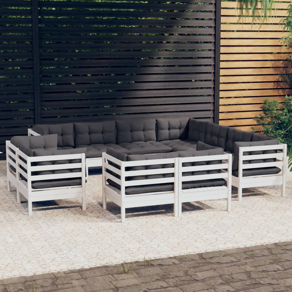 11-tlg. Garten-Lounge-Set mit Kissen Weiß Massivholz Kiefer