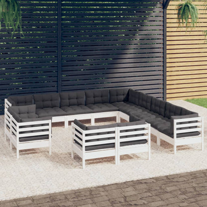 13-tlg. Garten-Lounge-Set mit Kissen Weiß Massivholz Kiefer