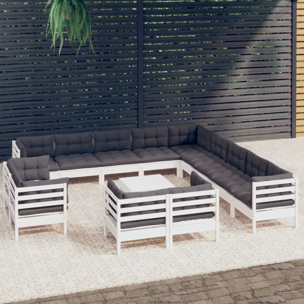 14-tlg. Garten-Lounge-Set mit Kissen Weiß Massivholz Kiefer