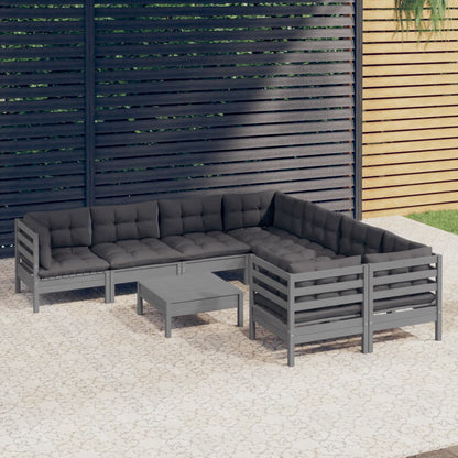 9-tlg. Garten-Lounge-Set mit Kissen Grau Kiefernholz