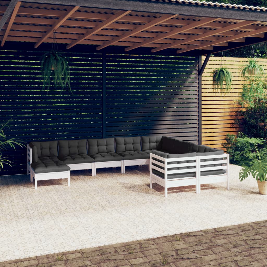 10-tlg. Garten-Lounge-Set mit Kissen Weiß Kiefernholz