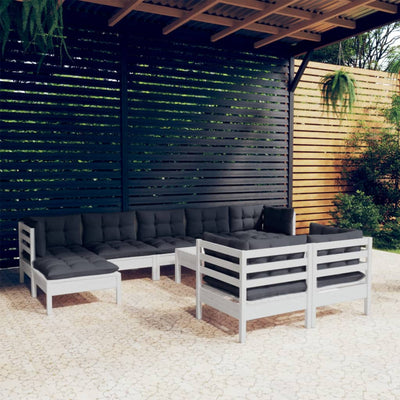 10-tlg. Garten-Lounge-Set mit Kissen Weiß Kiefer Massivholz