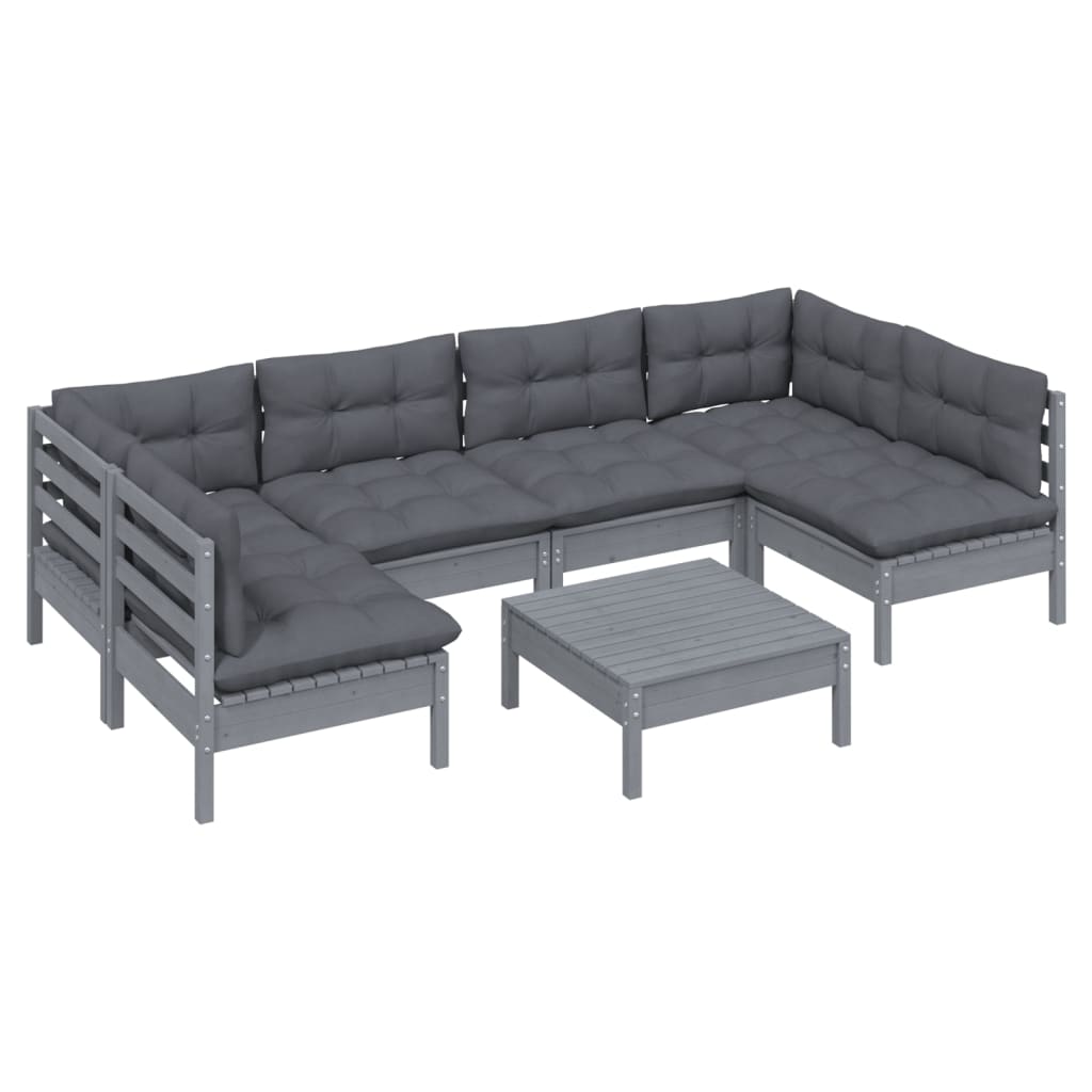 7-tlg. Garten-Lounge-Set mit Kissen Grau Kiefer Massivholz