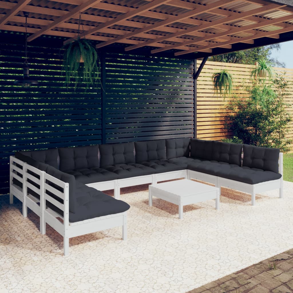 10-tlg. Garten-Lounge-Set mit Kissen Weiß Kiefer Massivholz