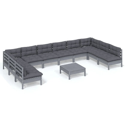 11-tlg. Garten-Lounge-Set mit Kissen Grau Kiefer Massivholz