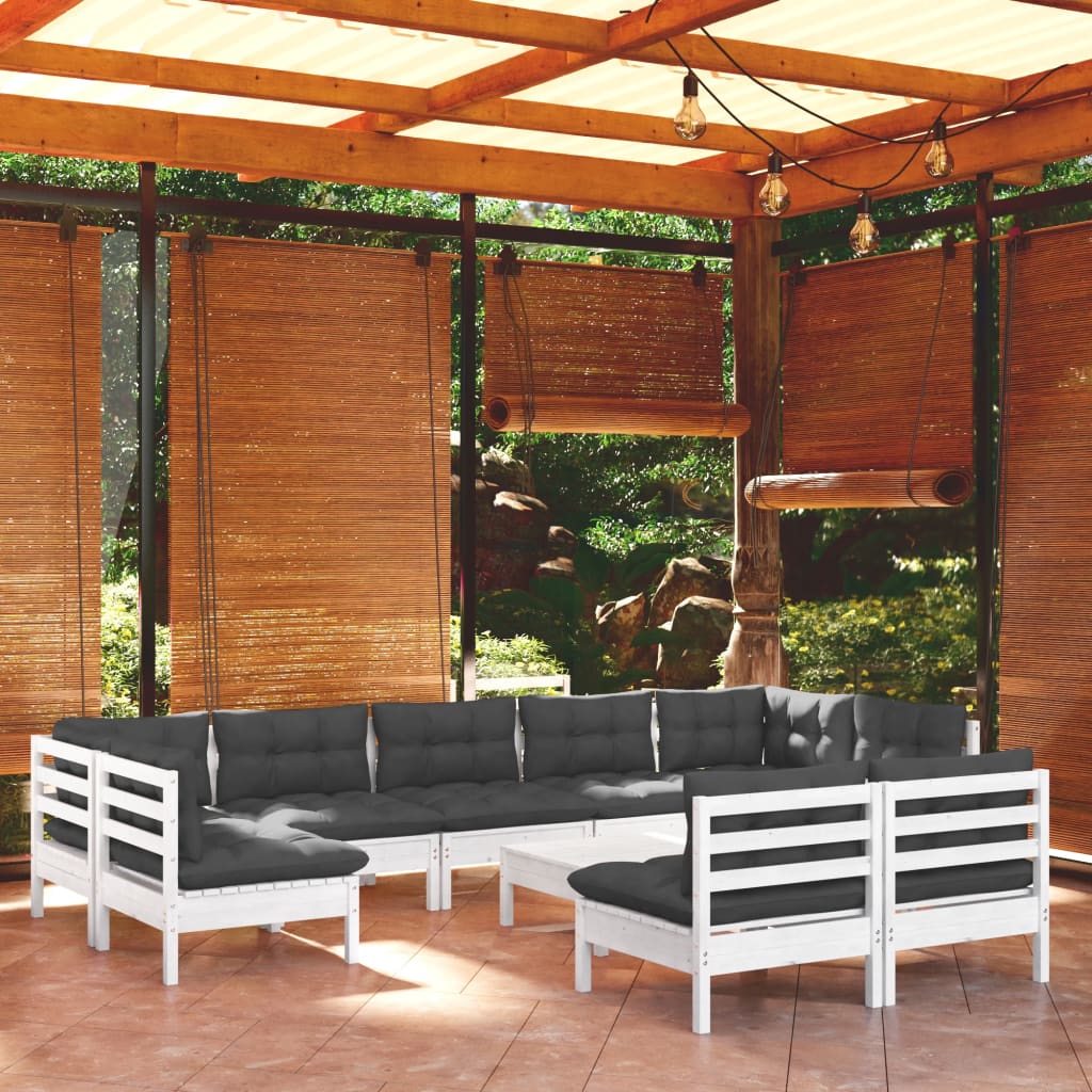 10-tlg. Garten-Lounge-Set mit Kissen Weiß Kiefer Massivholz