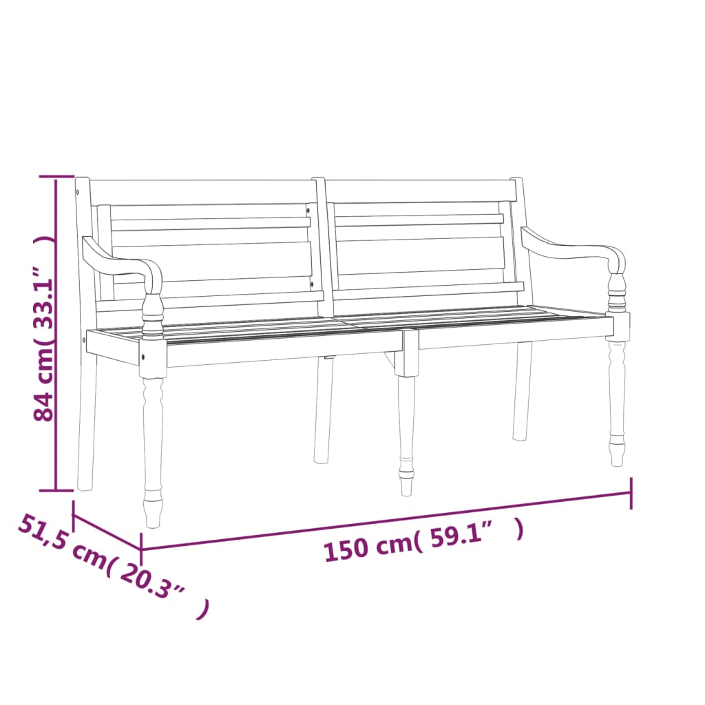 Batavia-Bank mit Weinrotem Kissen 150 cm Massivholz Teak