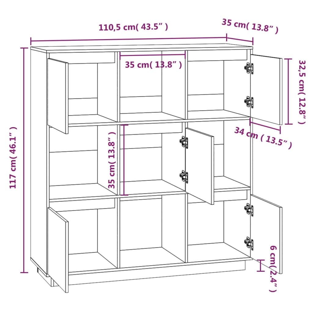 Highboard 110,5x35x117 cm Massivholz Kiefer