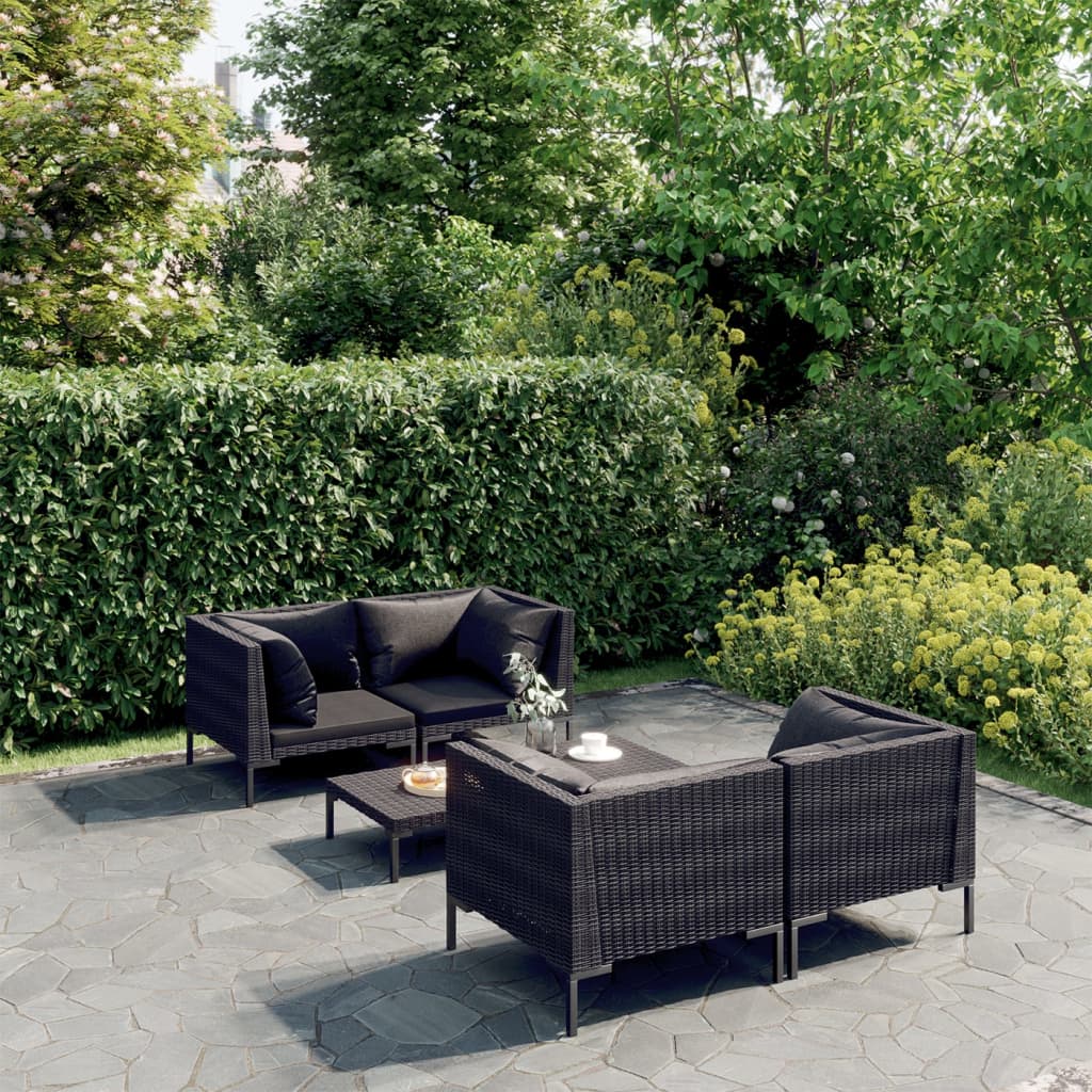 5-tlg. Garten-Lounge-Set mit Kissen Poly Rattan Dunkelgrau