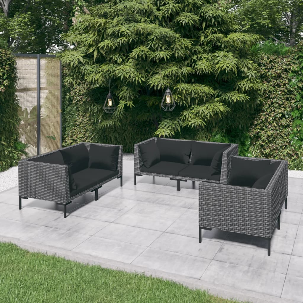 6-tlg. Garten-Lounge-Set mit Kissen Poly Rattan Dunkelgrau