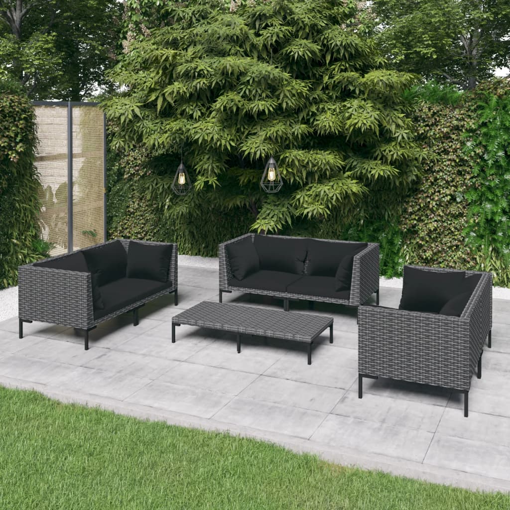 7-tlg. Garten-Lounge-Set mit Kissen Poly Rattan Dunkelgrau