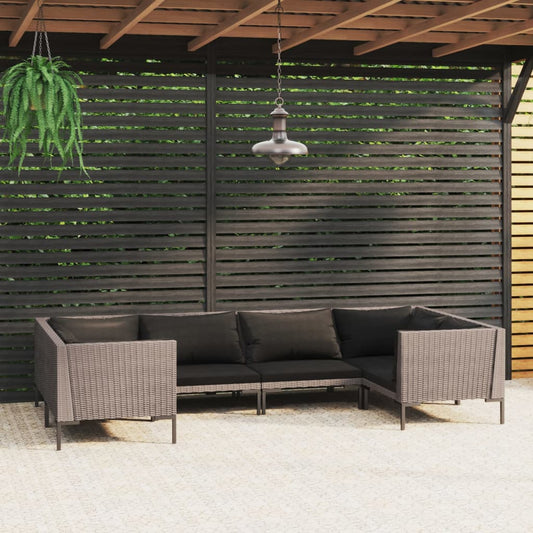 6-tlg. Garten-Lounge-Set mit Kissen Poly Rattan Dunkelgrau