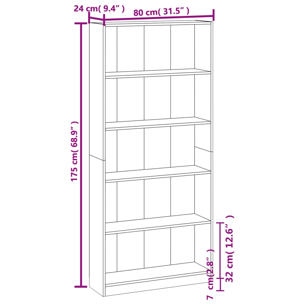 Bücherregal 5 Fächer Räuchereiche 80x24x175 cm Holzwerkstoff