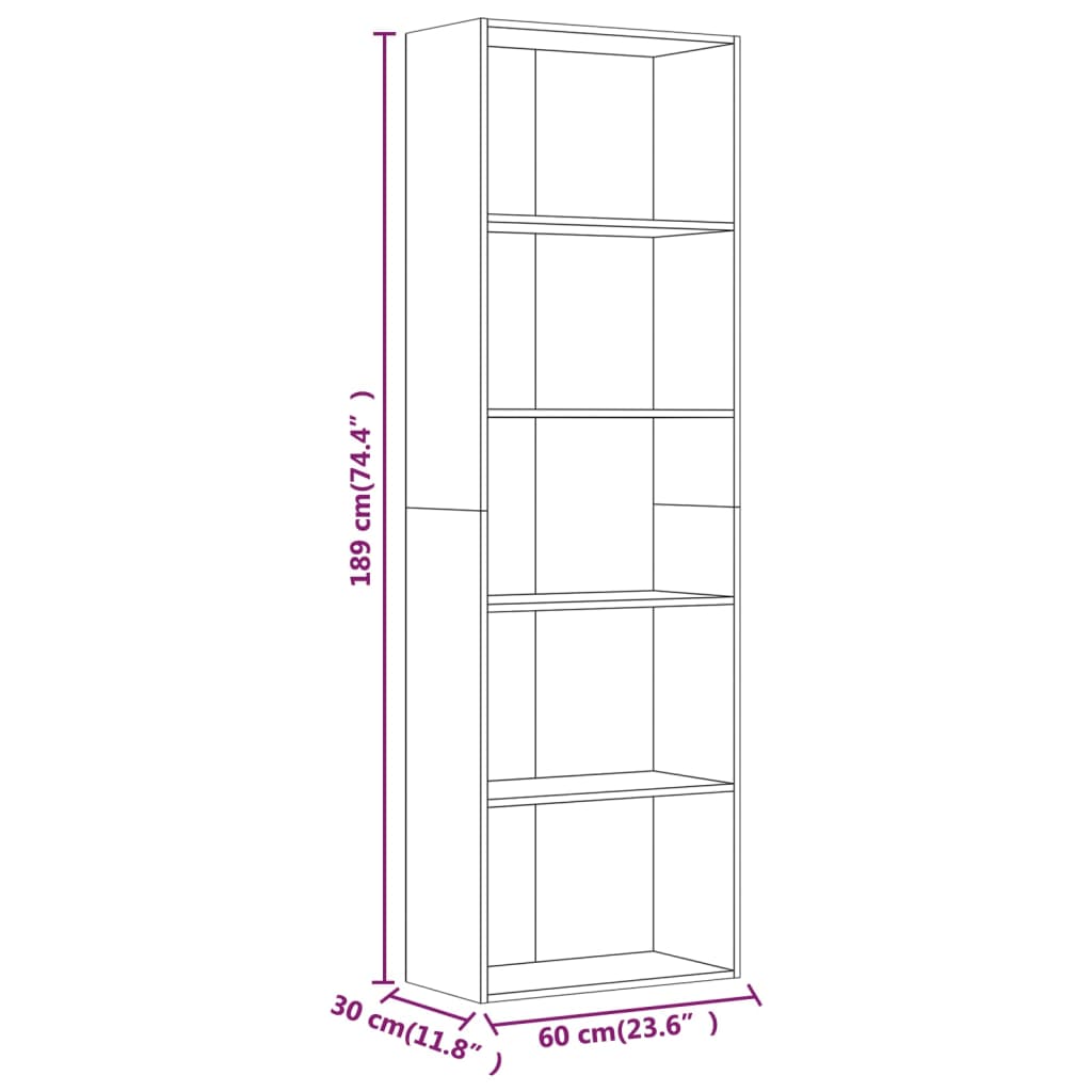 Bücherregal 5 Fächer Grau Sonoma 60x30x189 cm Holzwerkstoff