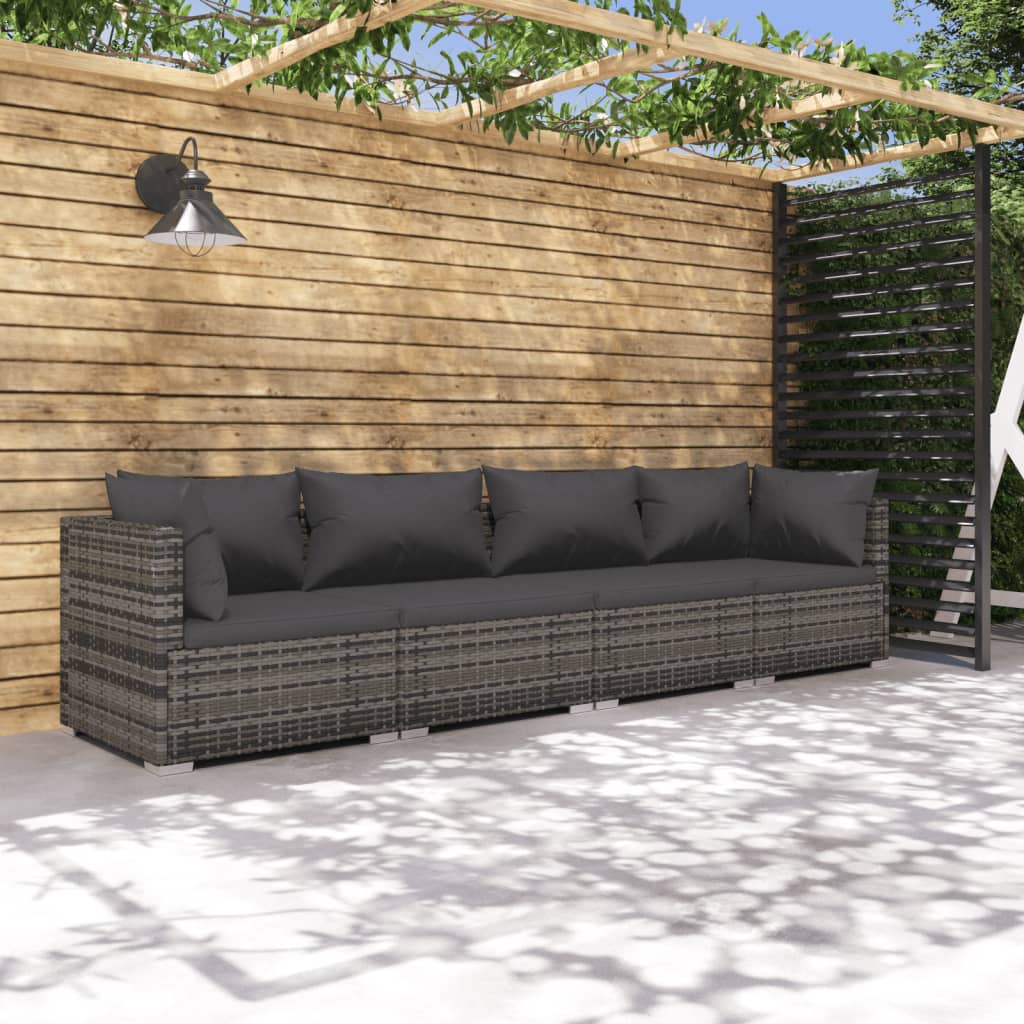 4-tlg. Garten-Lounge-Set mit Kissen Poly Rattan Grau