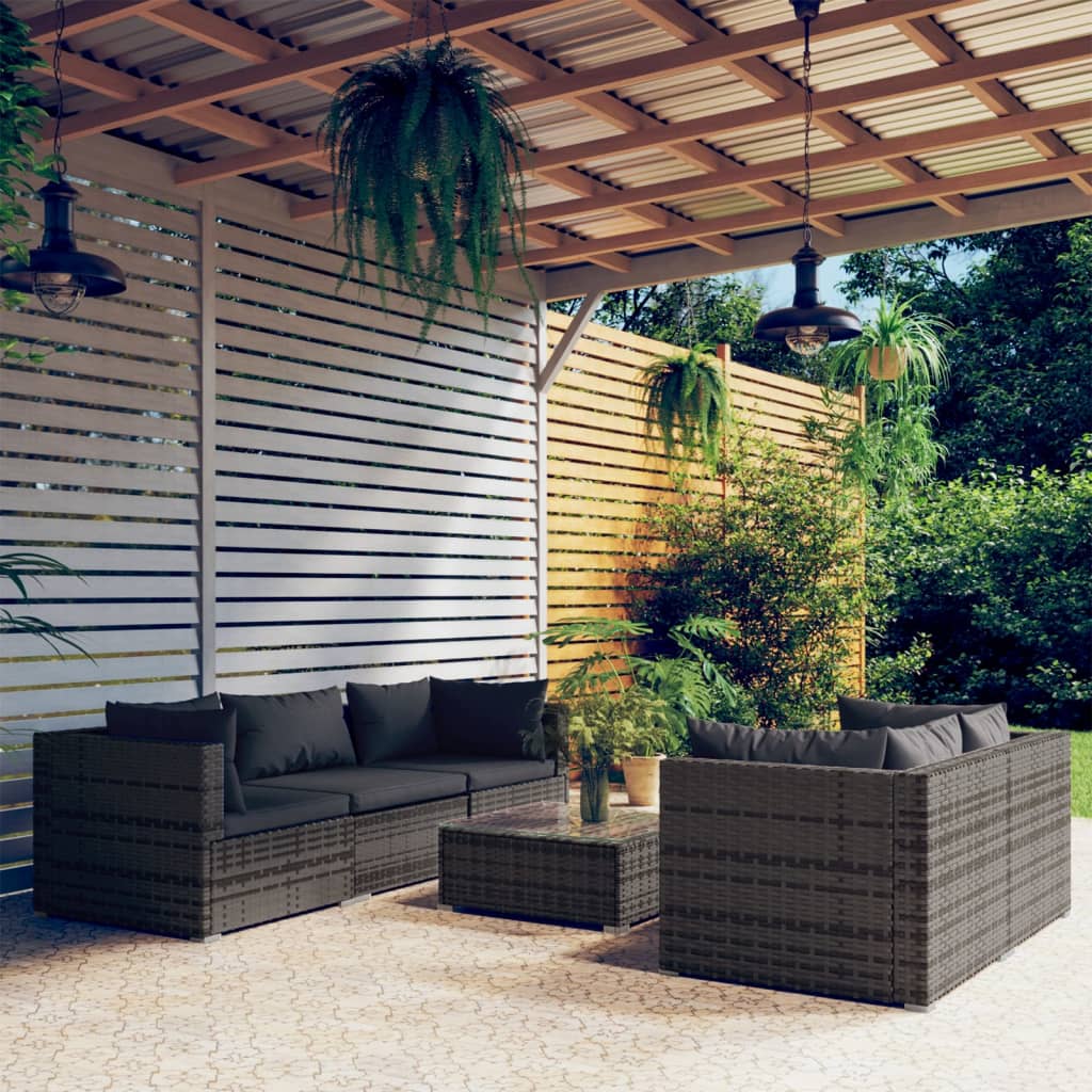 6-tlg. Garten-Lounge-Set mit Kissen Poly Rattan Grau