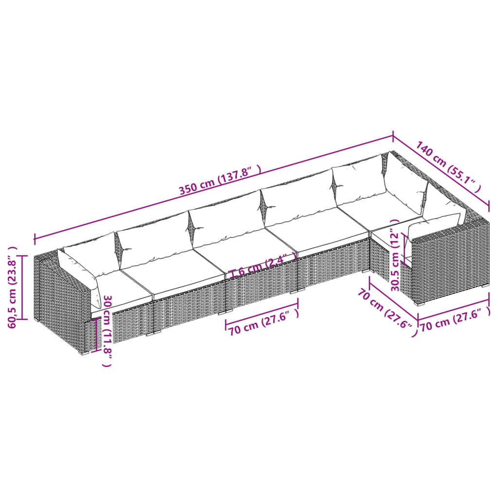 6-tlg. Garten-Lounge-Set mit Kissen Poly Rattan Grau