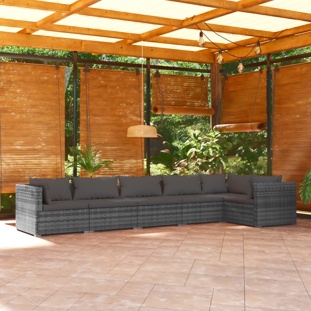 6-tlg. Garten-Lounge-Set mit Kissen Poly Rattan Grau