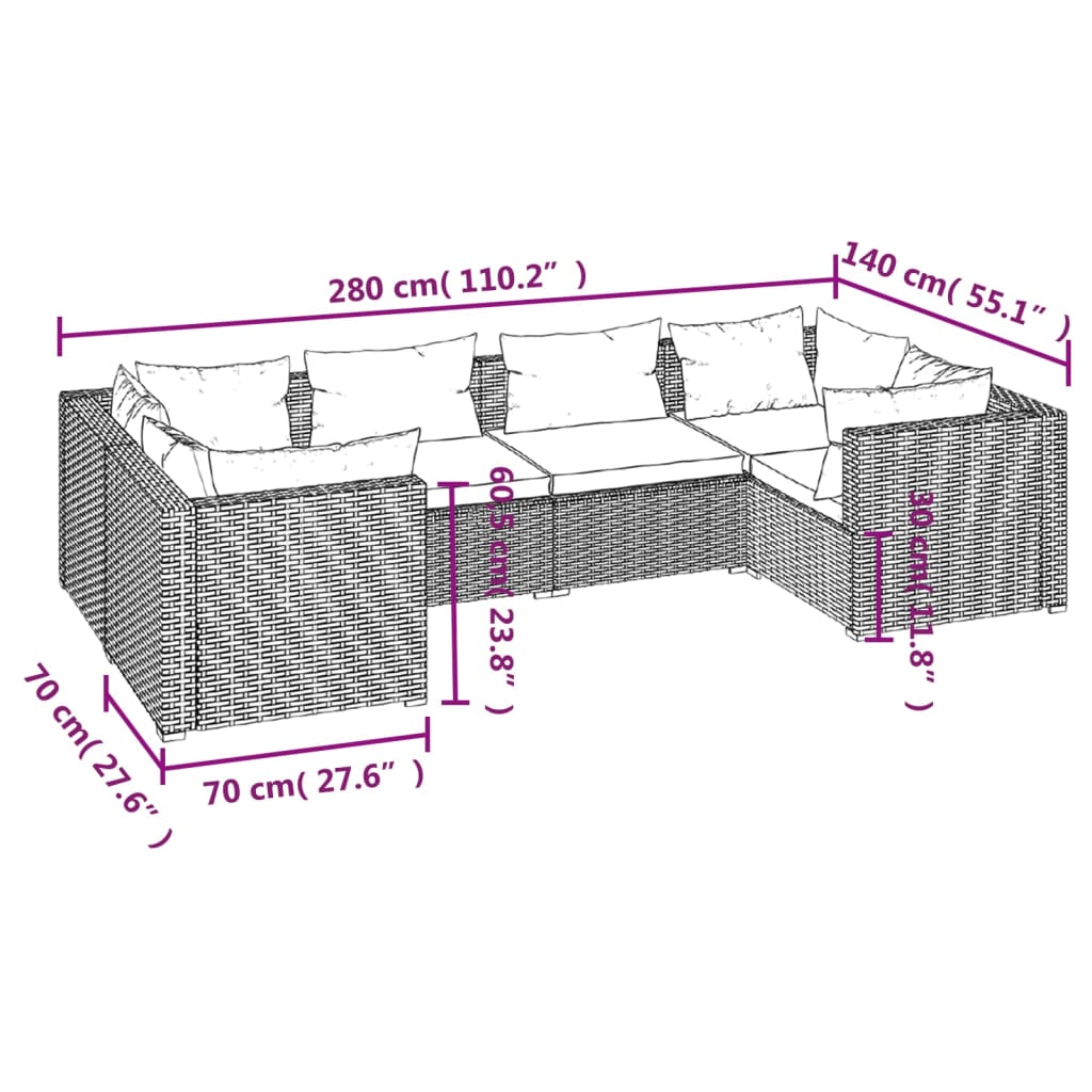 6-tlg. Garten-Lounge-Set mit Kissen Poly Rattan Grau