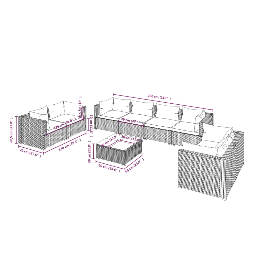 9-tlg. Garten-Lounge-Set mit Kissen Poly Rattan Grau