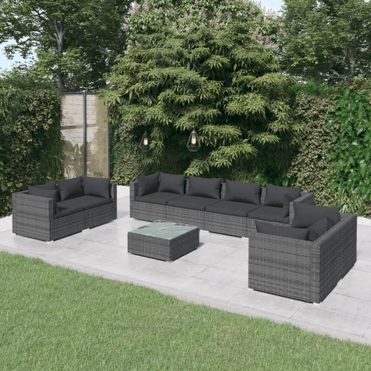 9-tlg. Garten-Lounge-Set mit Kissen Poly Rattan Grau